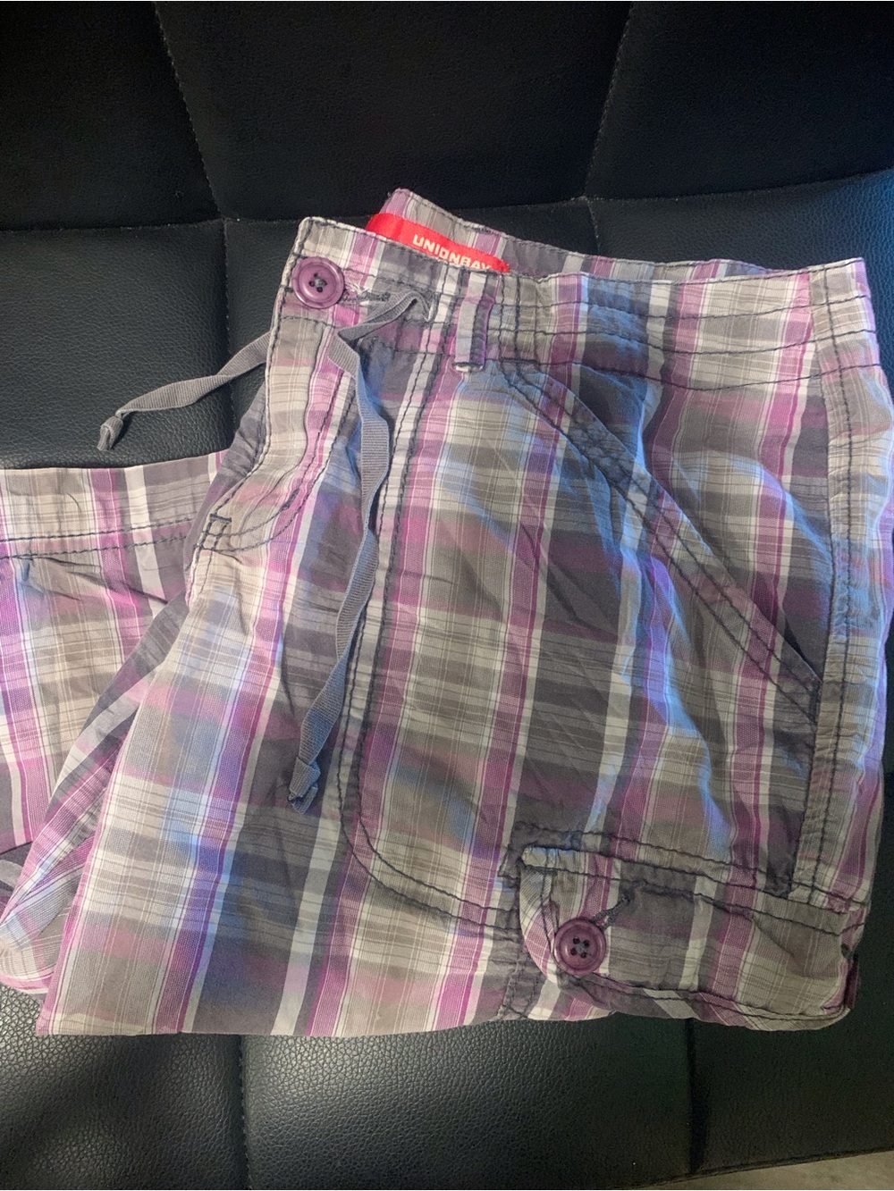 Plaid Drawstring Shorts in Purple and Gray